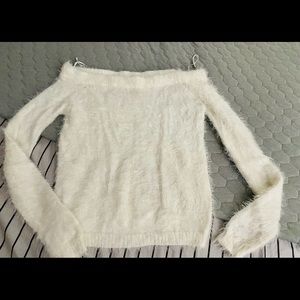 Cropp shoulder-off white fluffy sweater, medium.